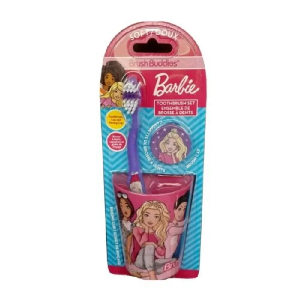 Mattel Barbie Brush Buddies Toothbrush 3 Piece Set Rinsing Cup Toothbrush Cap